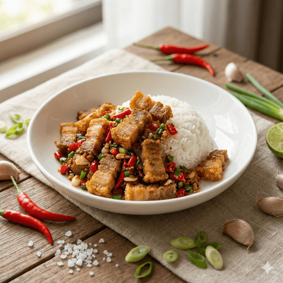 ข้าวหมูสามขั้นคั่วพริกเกลือ