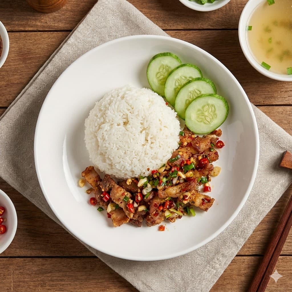 ข้าวหมูสามขั้นคั่วพริกเกลือ